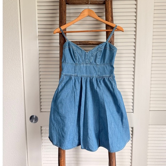 Express Dresses & Skirts - EXPRESS Denim Jean Cami Dress XS Pockets Smocked Back Fit Flare‎